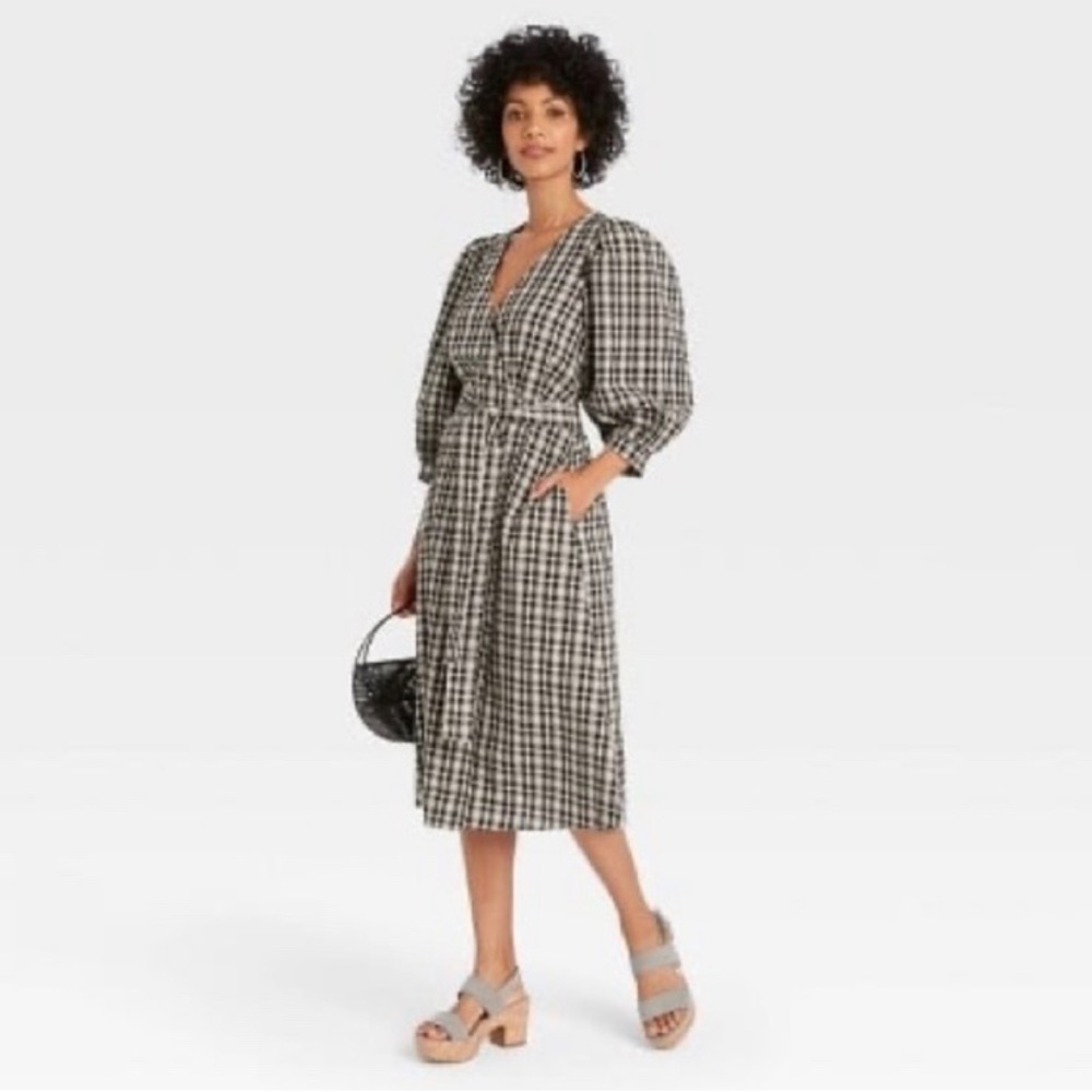 A New Day Women’s Wrap Dress Black & Cream Plaid 3/4 Sleeve Size Medium